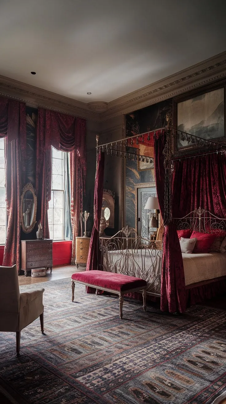 Opulent red velvet drapes and dark furnishings define this grand Victorian bedroom's regal atmosphere