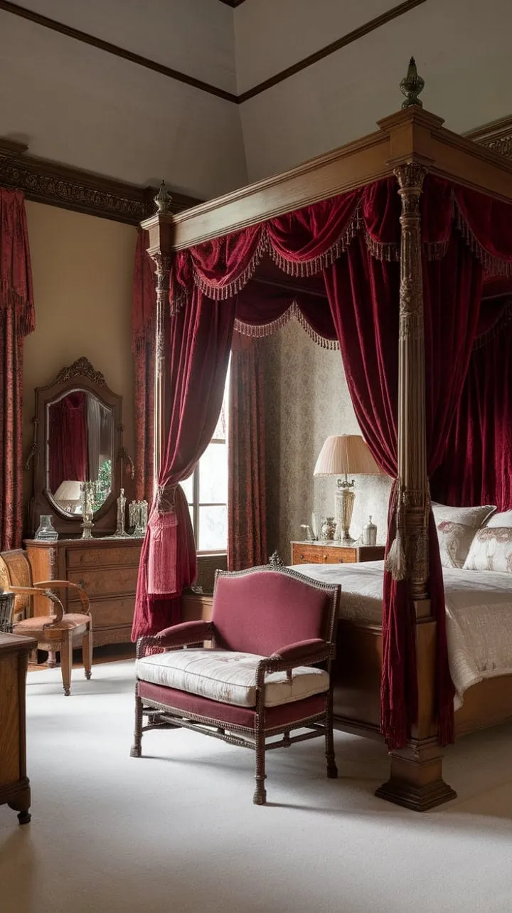 In a crimson velvet Victorian haven, opulent comfort and antique elegance converge, evoking whispers of a glamorous bygone era.