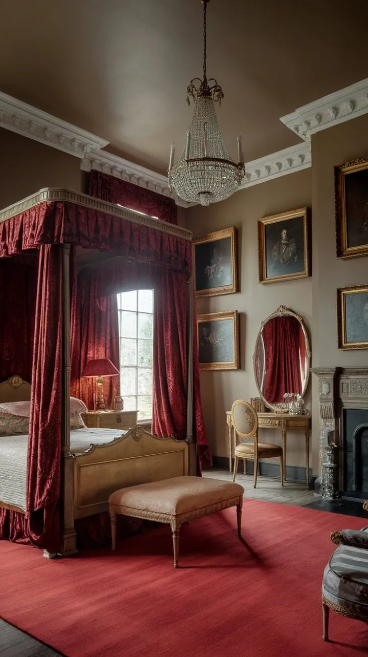 This lavish Victorian bedroom, adorned in crimson velvet and intricate details, transports you to a world of timeless elegance.