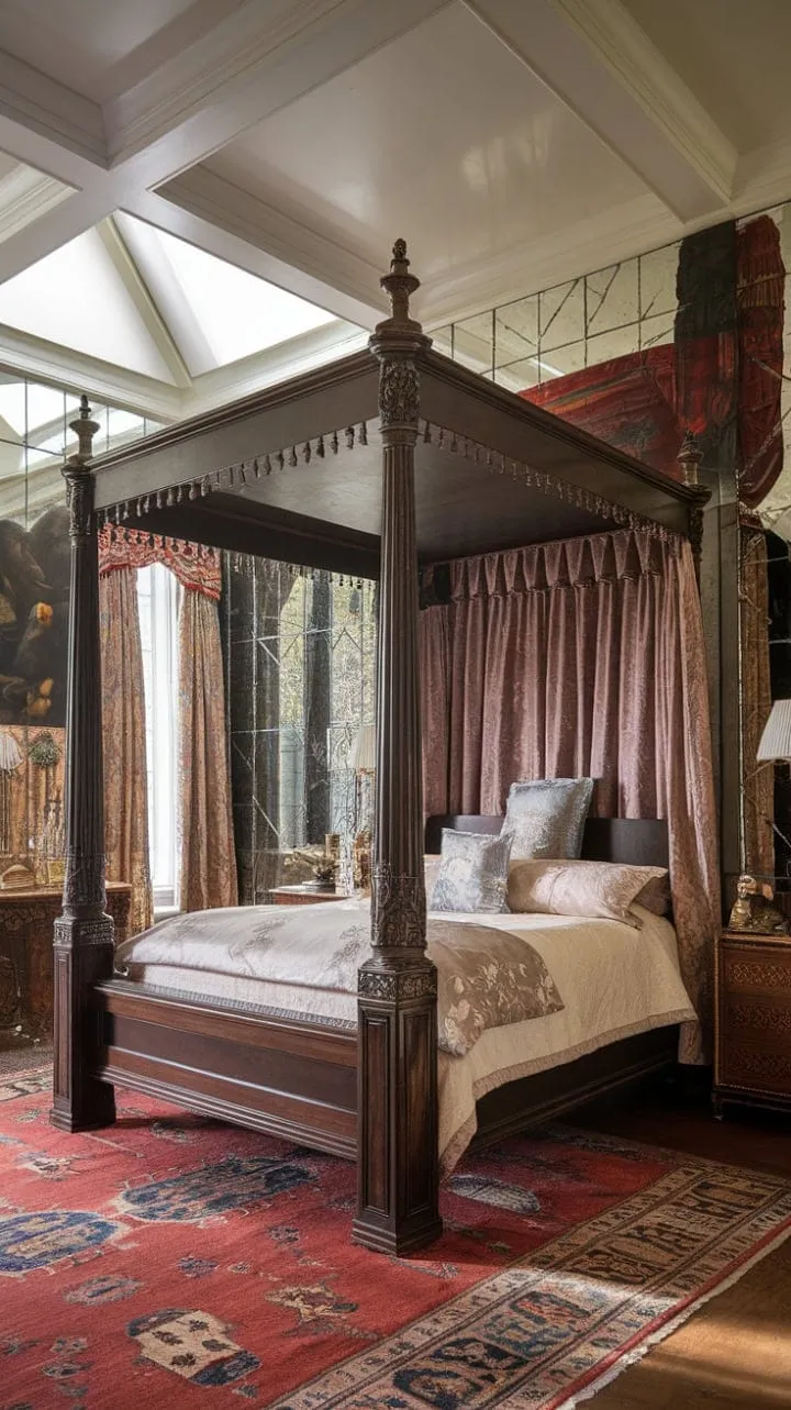 This Victorian bedroom is a sunlit sanctuary of timeless elegance, featuring an opulent four-poster bed and exquisite decor.