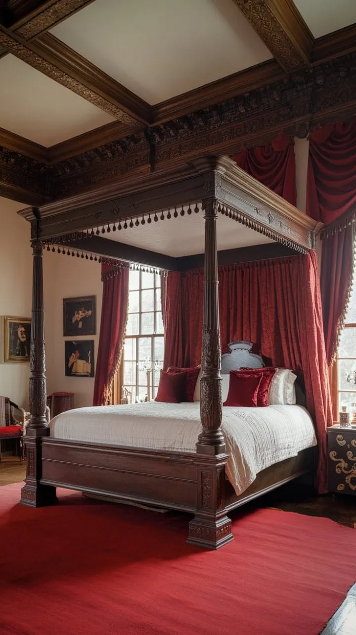 In a haven of Victorian luxury, crimson velvet and a grand four-poster bed invite serene dreams amidst timeless elegance.