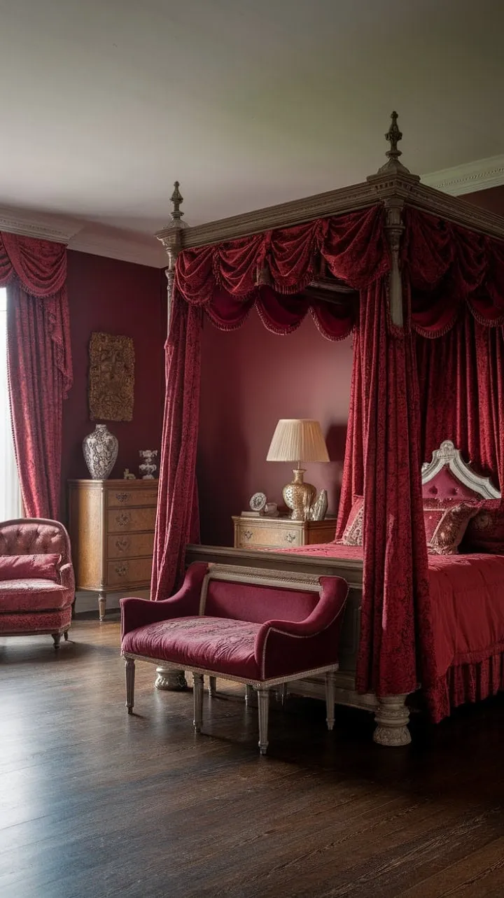 In this Victorian sanctuary, rich crimson walls and an opulent four-poster bed create a dreamscape of regal elegance.