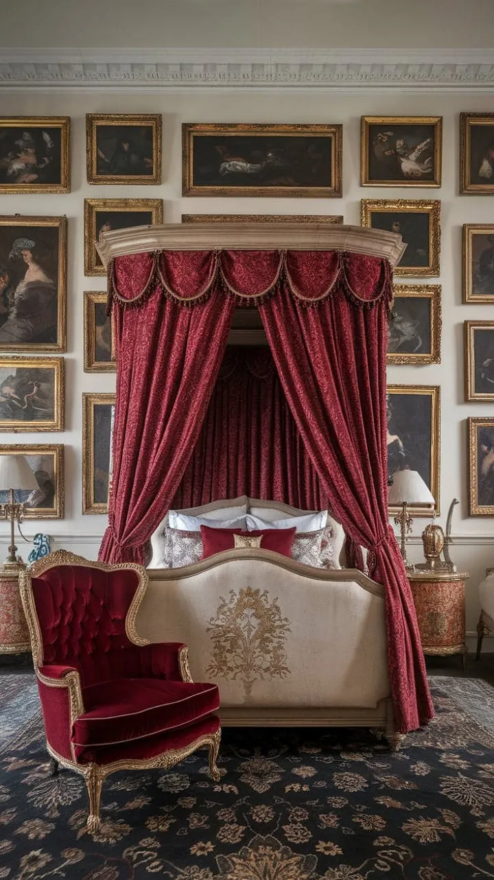 Experience the lavish allure of aristocracy in a Victorian bedroom, where rich red tones and intricate gold details create a sumptuous sanctuary.