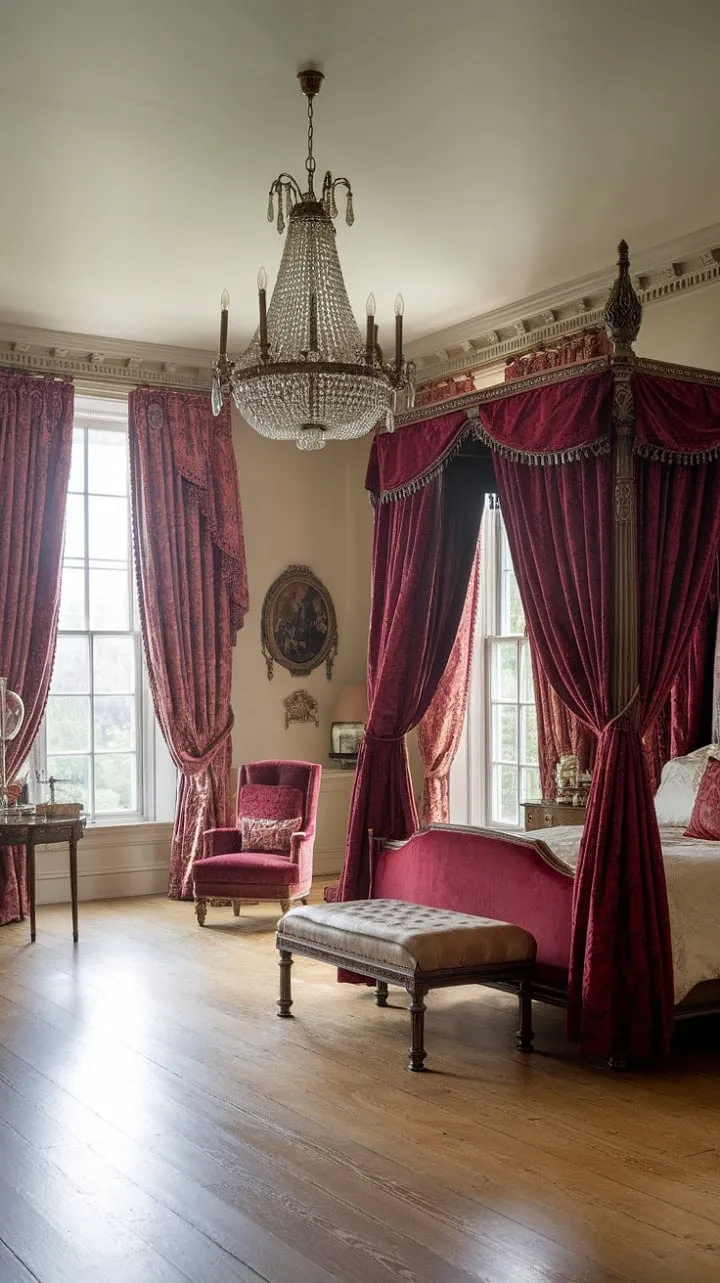 Enter a captivating Victorian chamber where a lavish four-poster bed and exquisite decor transport you to a realm of aristocratic splendor.