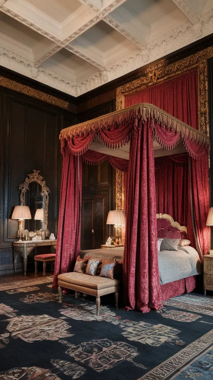 Immerse yourself in a Victorian fantasy where sumptuous red velvet and ornate plasterwork create a captivating atmosphere of lavish elegance.