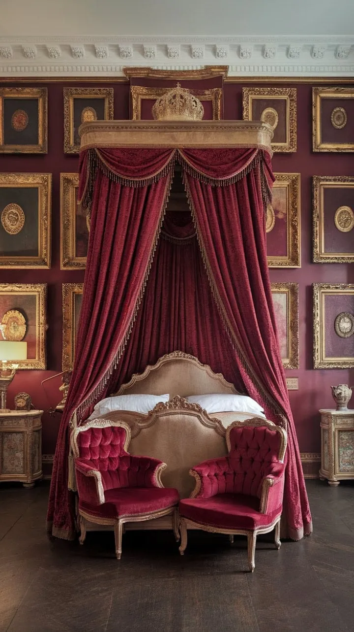 In a grand Victorian chamber adorned with crimson velvet and gilded frames, the echoes of lost royalty reveal a stunning fusion of elegance and artistry.