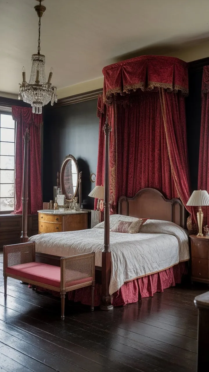 In a crimson velvet chamber, a lavish four-poster bed cradles the whispers of Victorian elegance and the enchanting secrets of dreams.