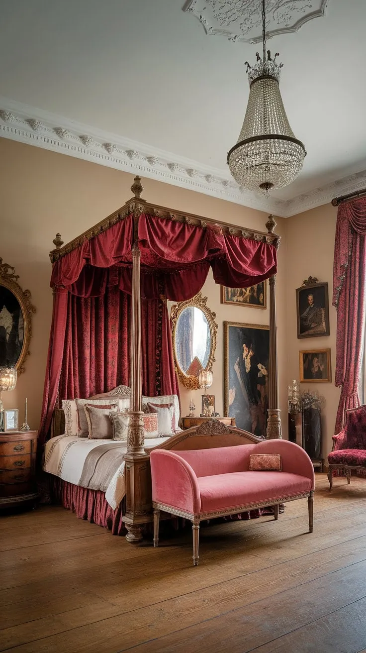 Opulent Victorian elegance reigns in this regal bedroom, a testament to bygone grandeur.