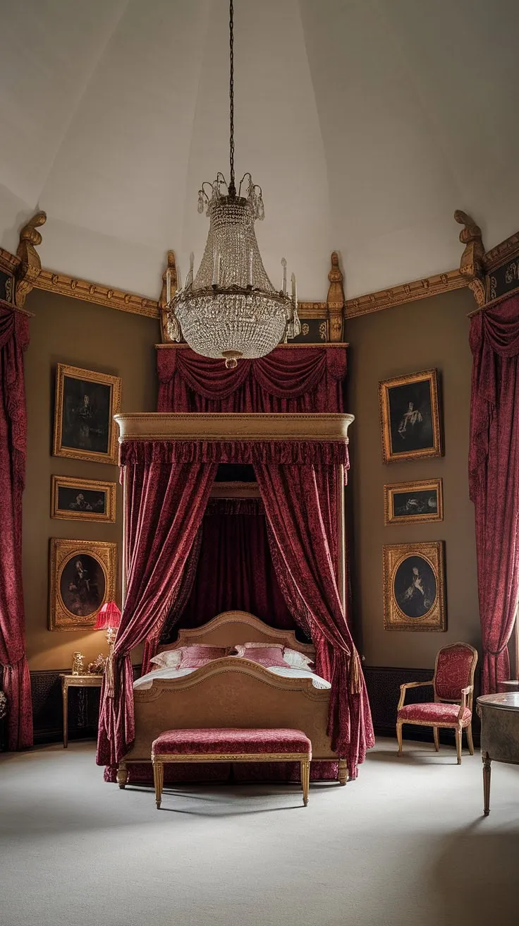 A grand Victorian four-poster bed, draped in rich red velvet, commands a palatial bedroom.