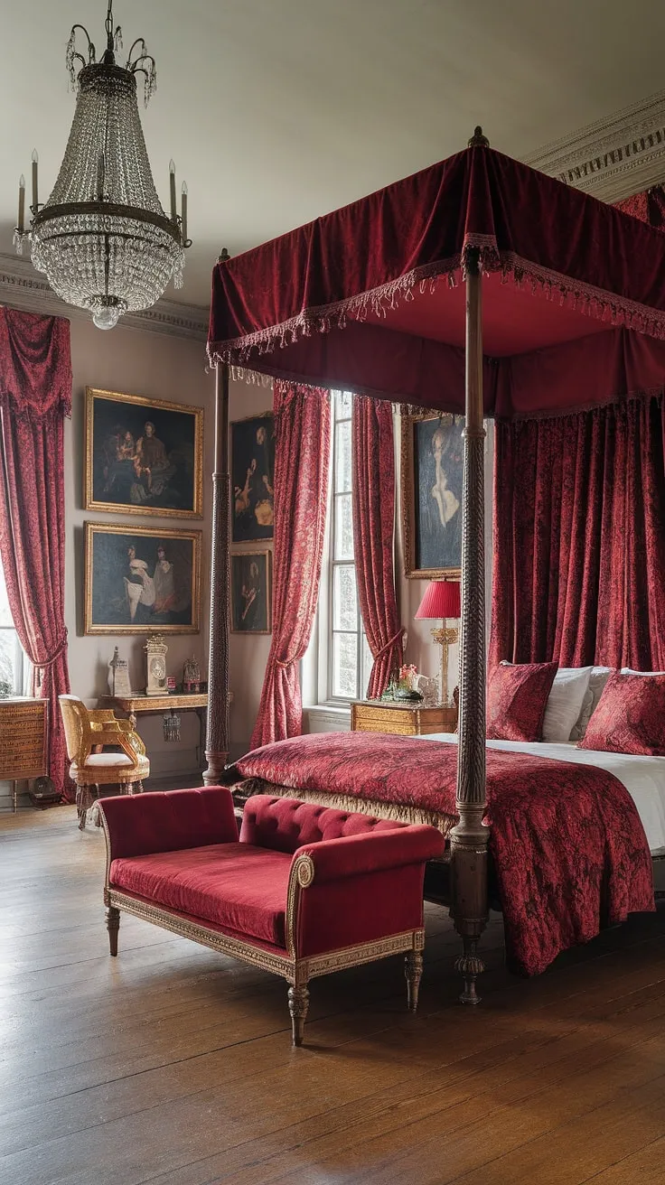 Opulent red velvet drapes and a four-poster bed define this regal Victorian bedroom's aesthetic
