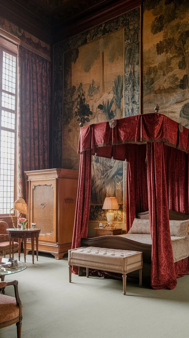 Opulent red velvet drapes and rich tapestries define this grand Victorian bedroom's regal atmosphere