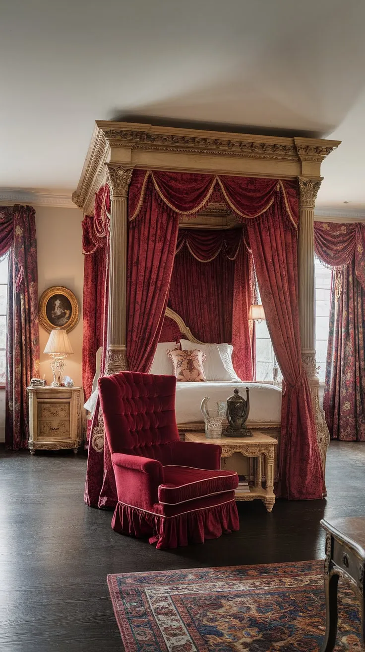A regal Victorian bedroom, rich with red velvet furnishings and dark wood, exudes opulent comfort.