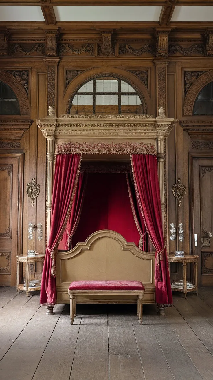 A grand Victorian four-poster bed dominates a richly appointed bedroom, showcasing an air of royal elegance.