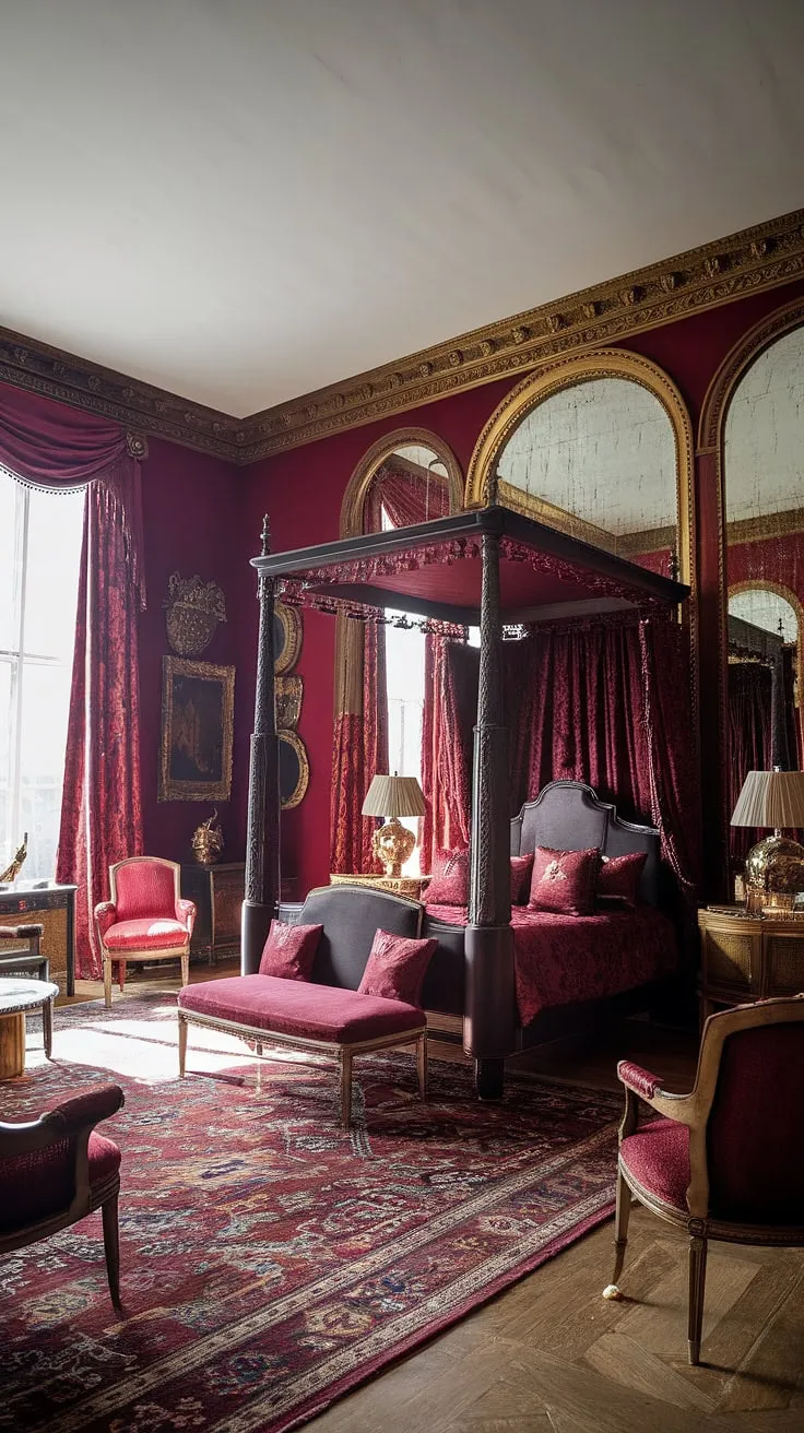 A grand Victorian bedroom bathed in sunlight showcases a rich red and gold color scheme, complete with a regal four-poster bed.