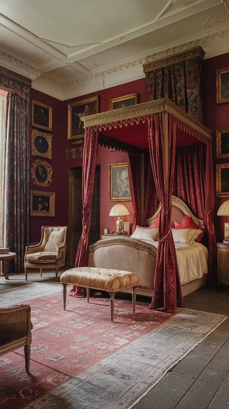 Opulent gold detailing and rich red velvet define this regal Victorian bedroom.