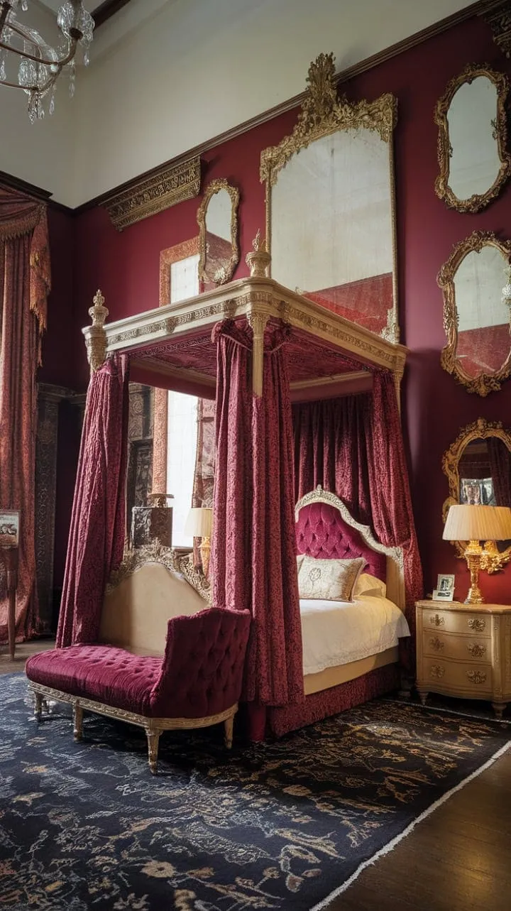 Experience the opulent charm of a Victorian master suite, where crimson velvet and gilded frames transport you to a world of timeless elegance.