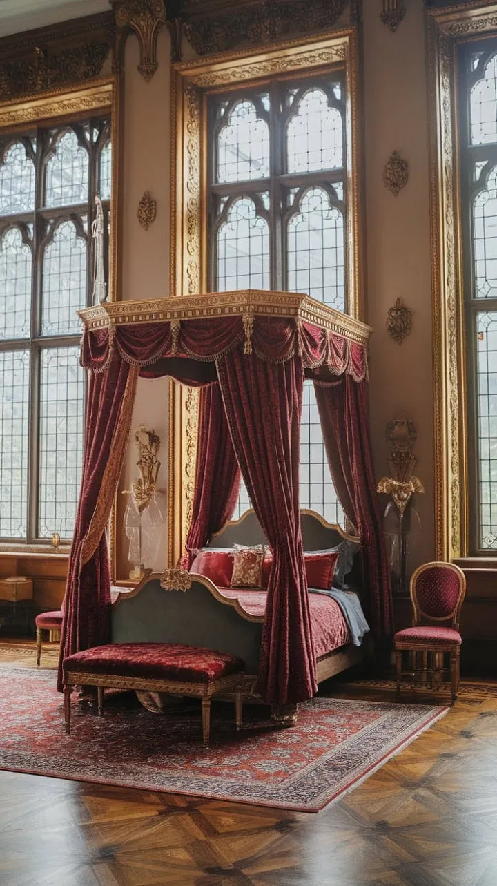 In a Victorian sanctuary, rich crimson velvet and ornate gilding envelop a regal four-poster bed, creating a mesmerizing blend of elegance and artistry.