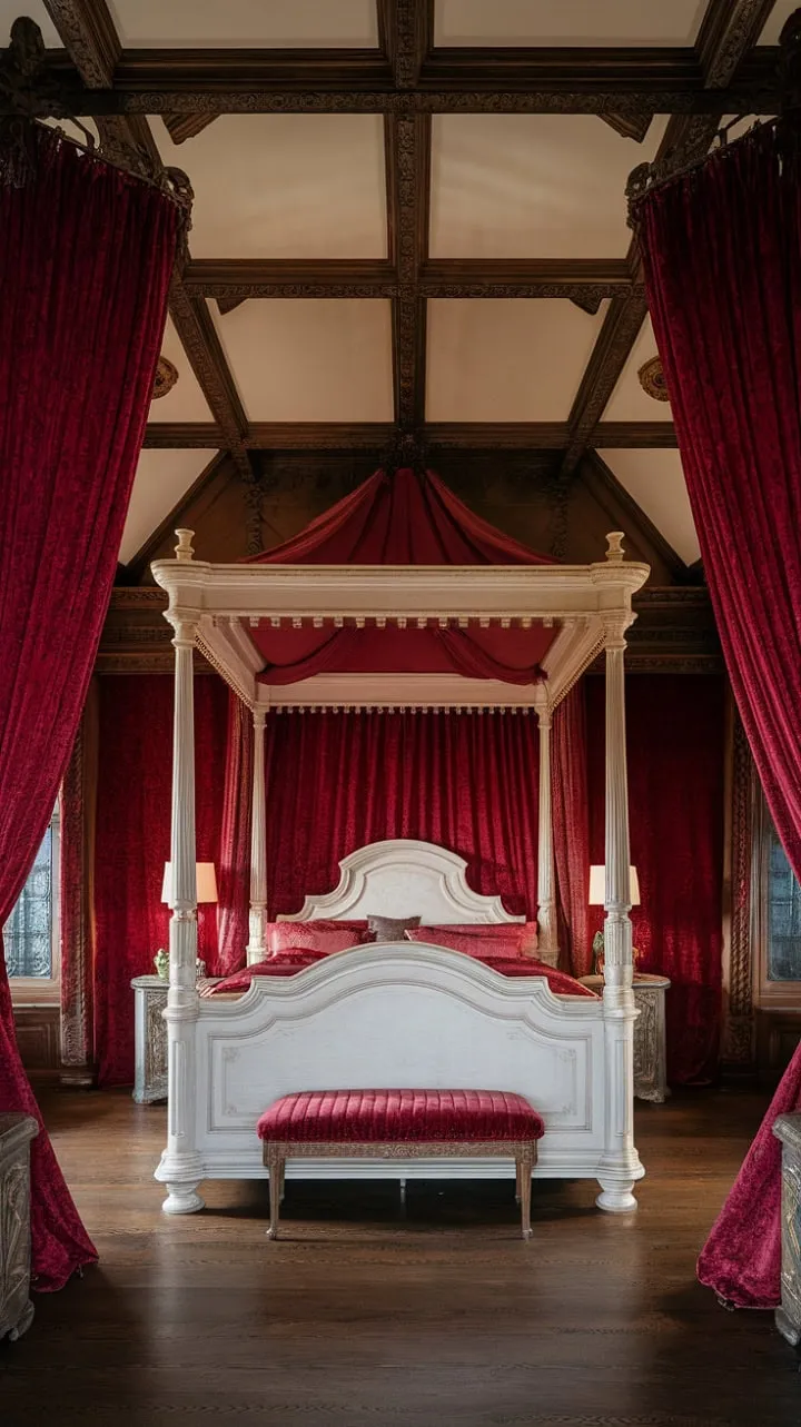 In a Victorian haven adorned with crimson velvet and intricate woodwork, a white four-poster bed cradles the whispers of elegant dreams beneath soaring ceilings.