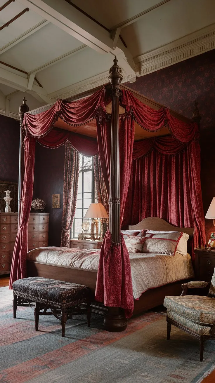 Opulent red velvet drapes canopy a grand Victorian four-poster bed