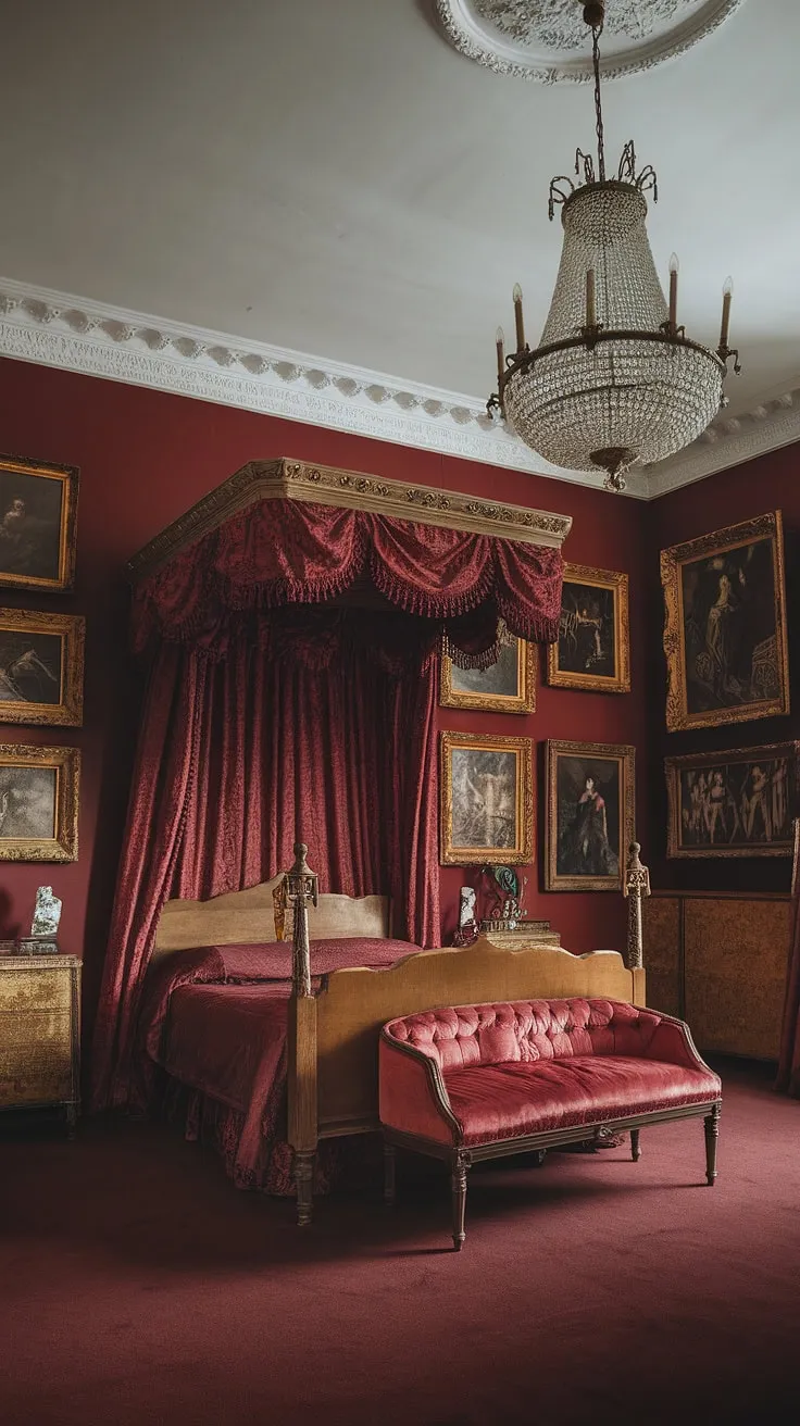 A grand Victorian four-poster bed dominates a richly appointed bedroom, exuding royal splendor.