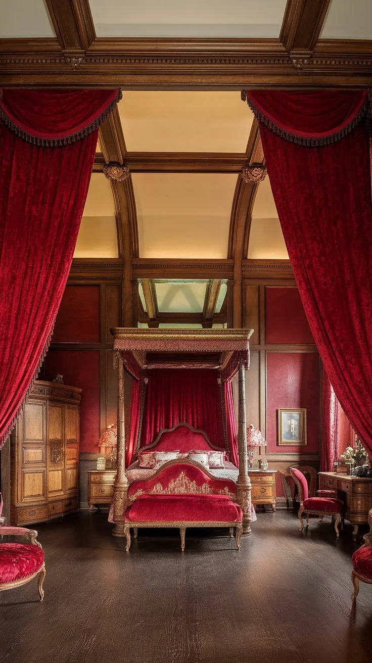 Opulent red velvet and dark wood create a regal Victorian bedroom atmosphere.