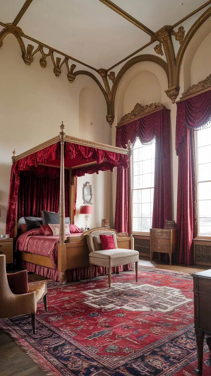 Opulent red velvet drapes and a four-poster bed dominate a grand Victorian bedroom.