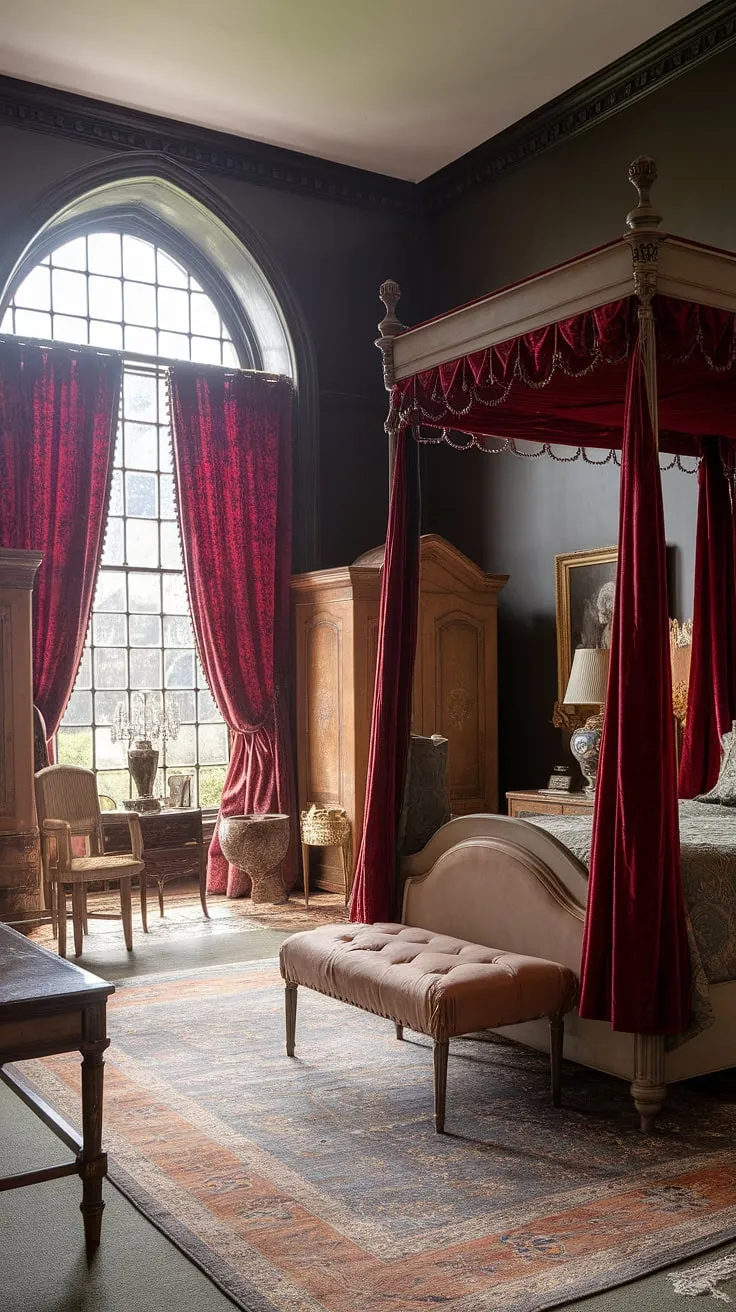Opulent red velvet drapes and a four-poster bed dominate a darkly elegant Victorian bedroom.