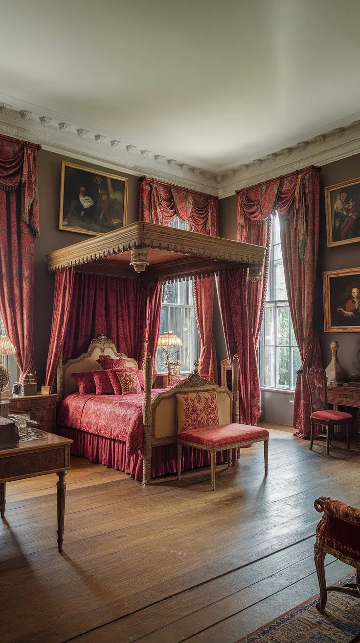 Opulent Victorian décor, exemplified by a regal four-poster bed with crimson velvet drapes, fills a grand bedroom.