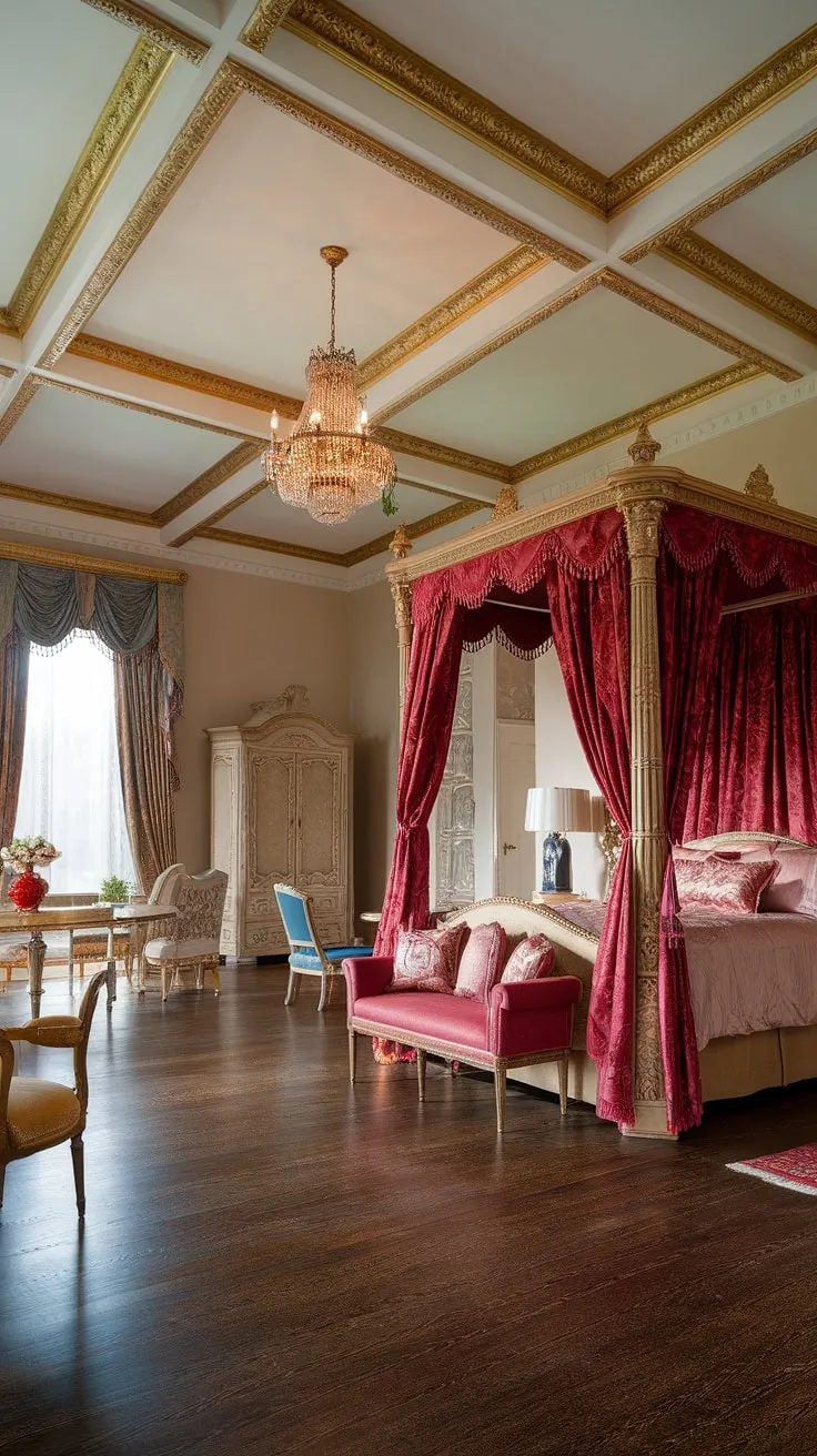 Opulent gold accents and rich red velvet adorn a spacious Victorian bedroom, fit for royalty.