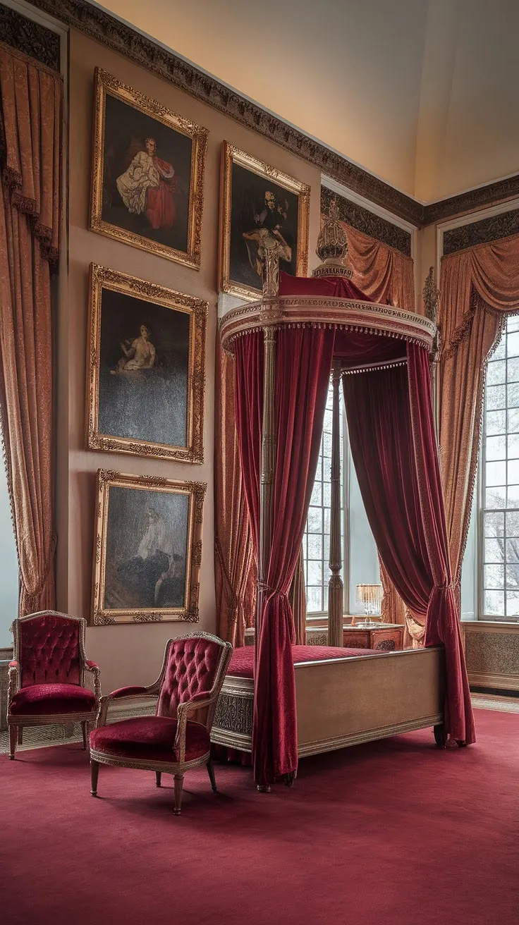 A grand Victorian bedroom exudes royal splendor with its red velvet furnishings and ornate gold accents.