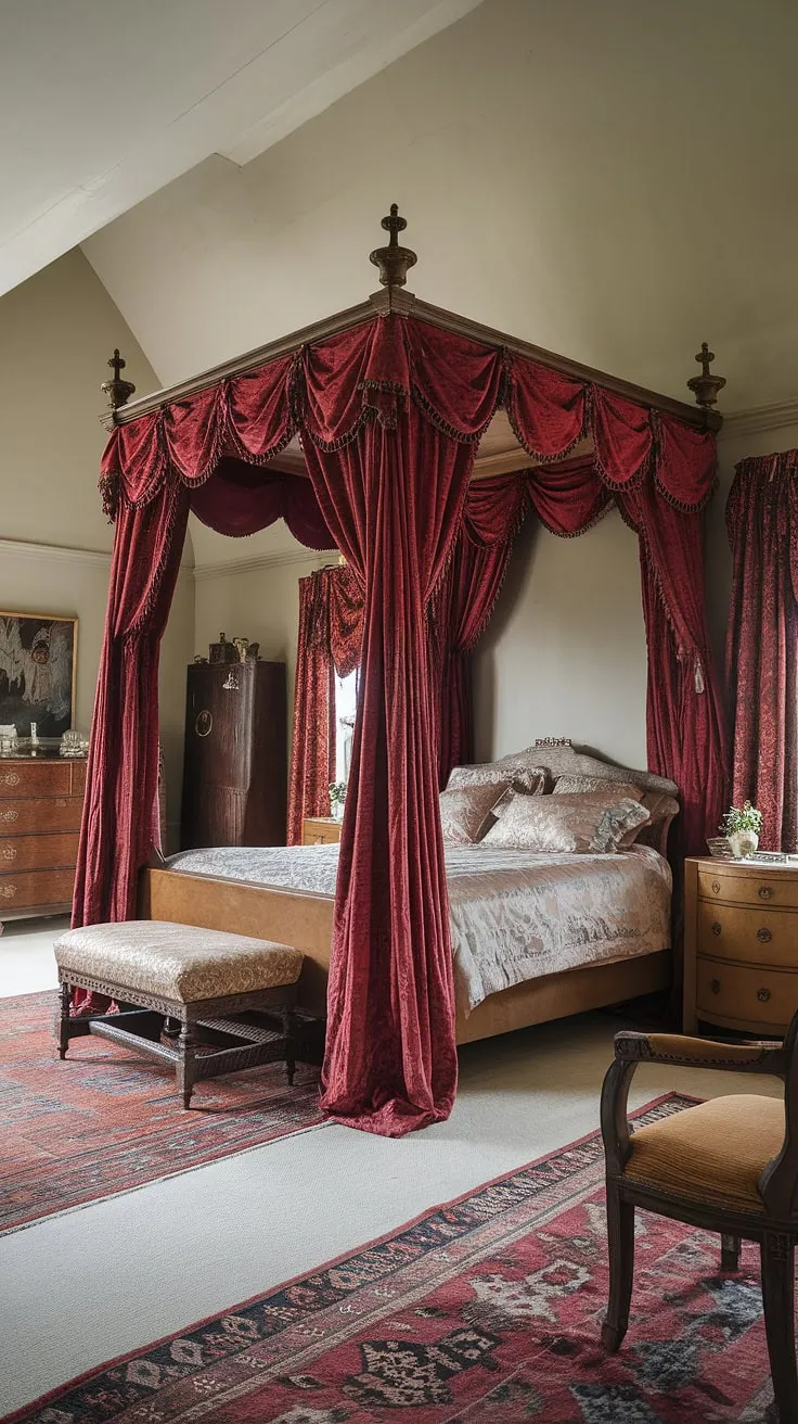 Opulent red velvet drapes canopy a four-poster bed in a grand Victorian bedroom.