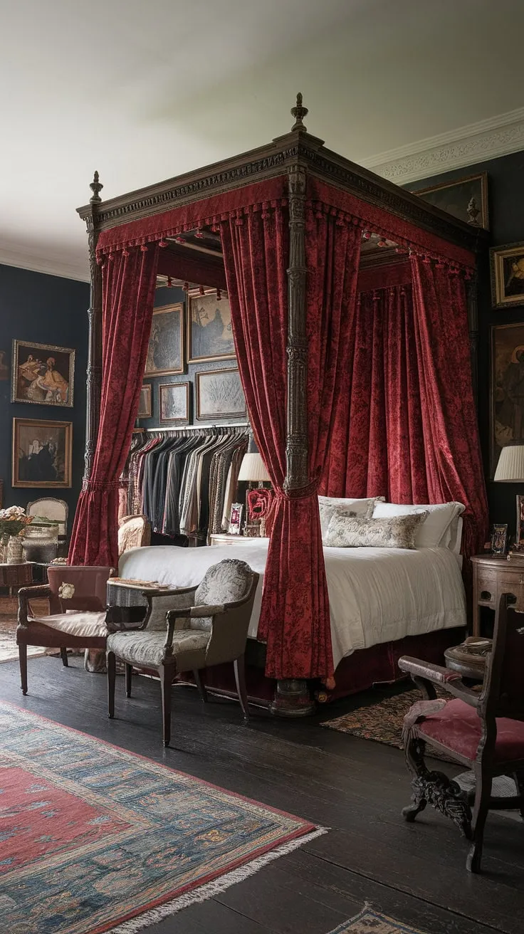 Crimson velvet drapes a four-poster bed in a richly appointed Victorian bedroom.