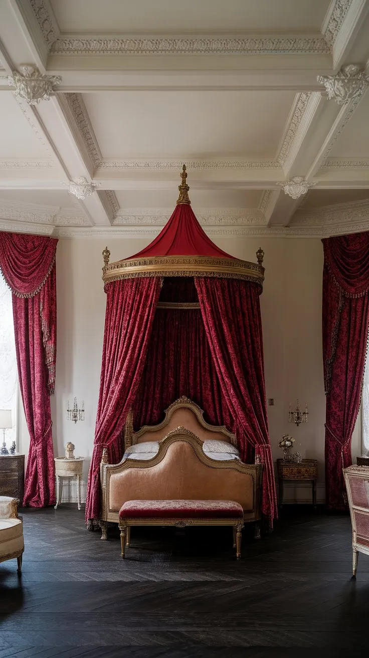 Opulent red velvet drapes and a four-poster bed define this regal Victorian bedroom's aesthetic