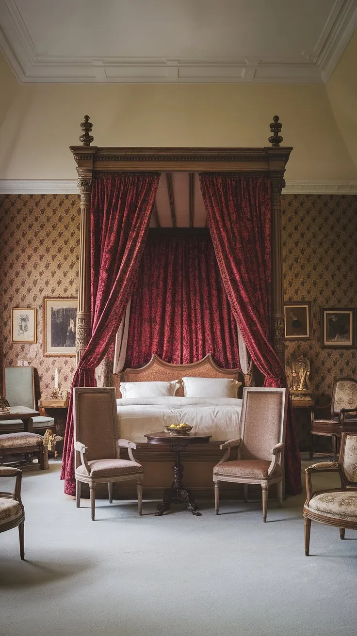 A grand Victorian bedroom features a dramatic four-poster bed, its red velvet canopy a focal point amidst ornate furnishings.