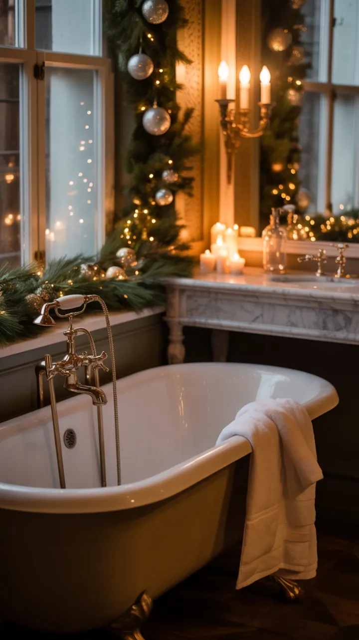 Candlelit Victorian Bath Wrapped in Holiday Pine and Brass