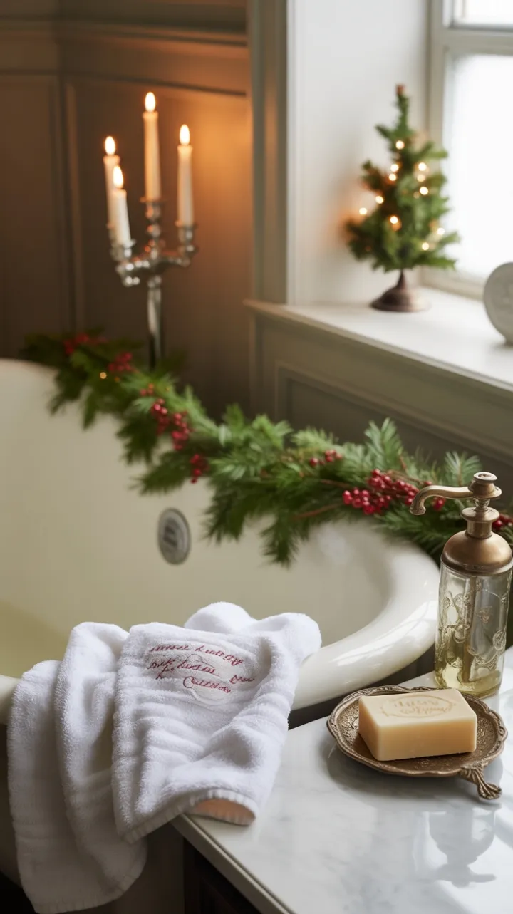 Candlelit Victorian Christmas Bath with Garland and Marble Elegance