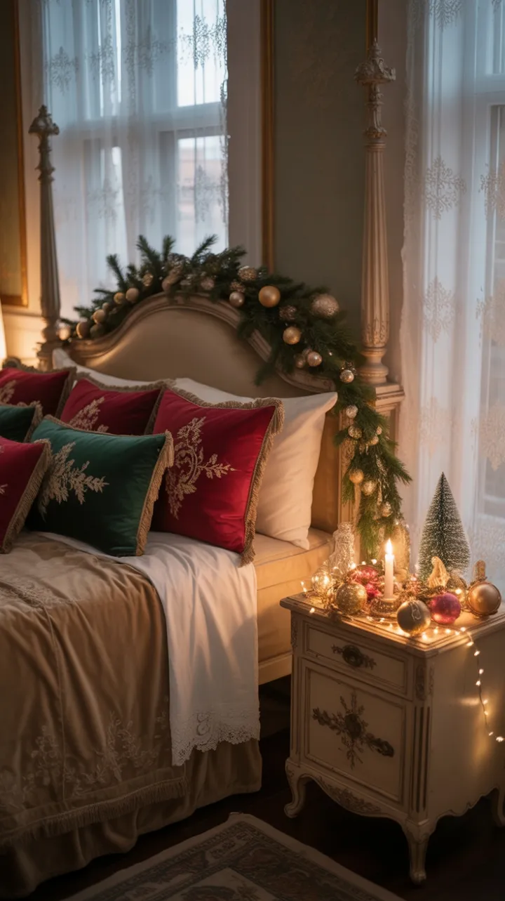 Jewel-Toned Victorian Christmas Bedroom Bathed in Candlelight