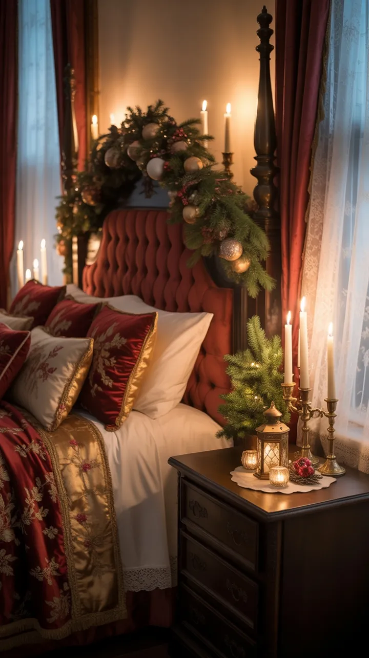 Candlelit Victorian Bedroom Wrapped in Velvet and Holiday Glow