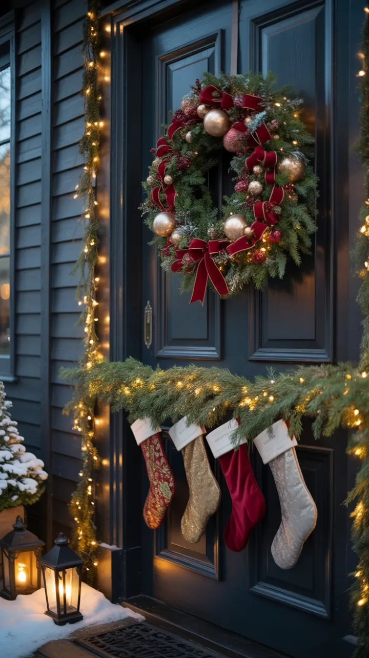 Snow-Kissed Victorian Doorway Adorned in Velvet, Gold, and Lantern Glow