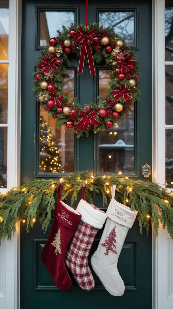Snow-Kissed Victorian Doorway Adorned with Velvet Wreath and Twinkling Lights