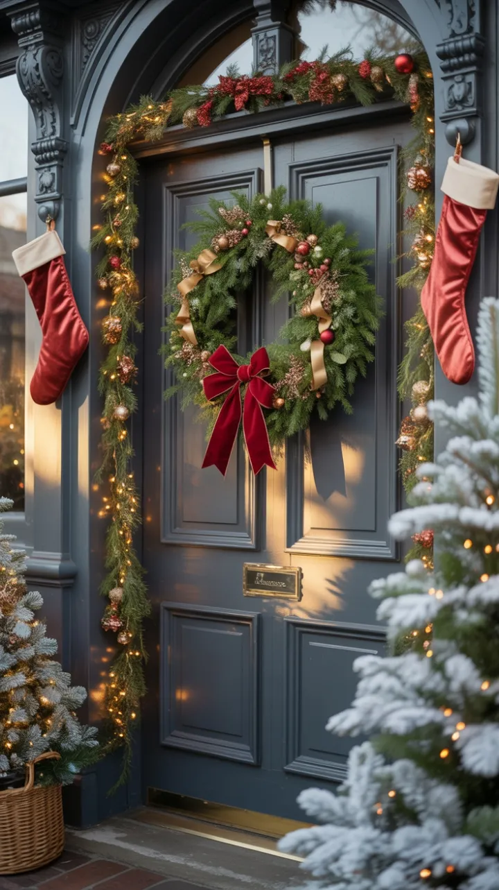 Victorian Doorway Bathed in Sunset Glow and Christmas Light