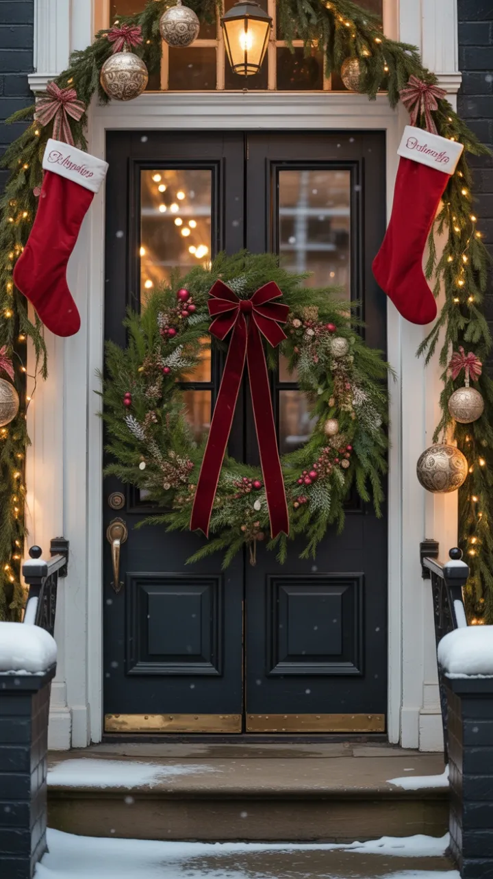 Snow-Kissed Victorian Doorway Adorned with Velvet Bow and Twinkling Lights