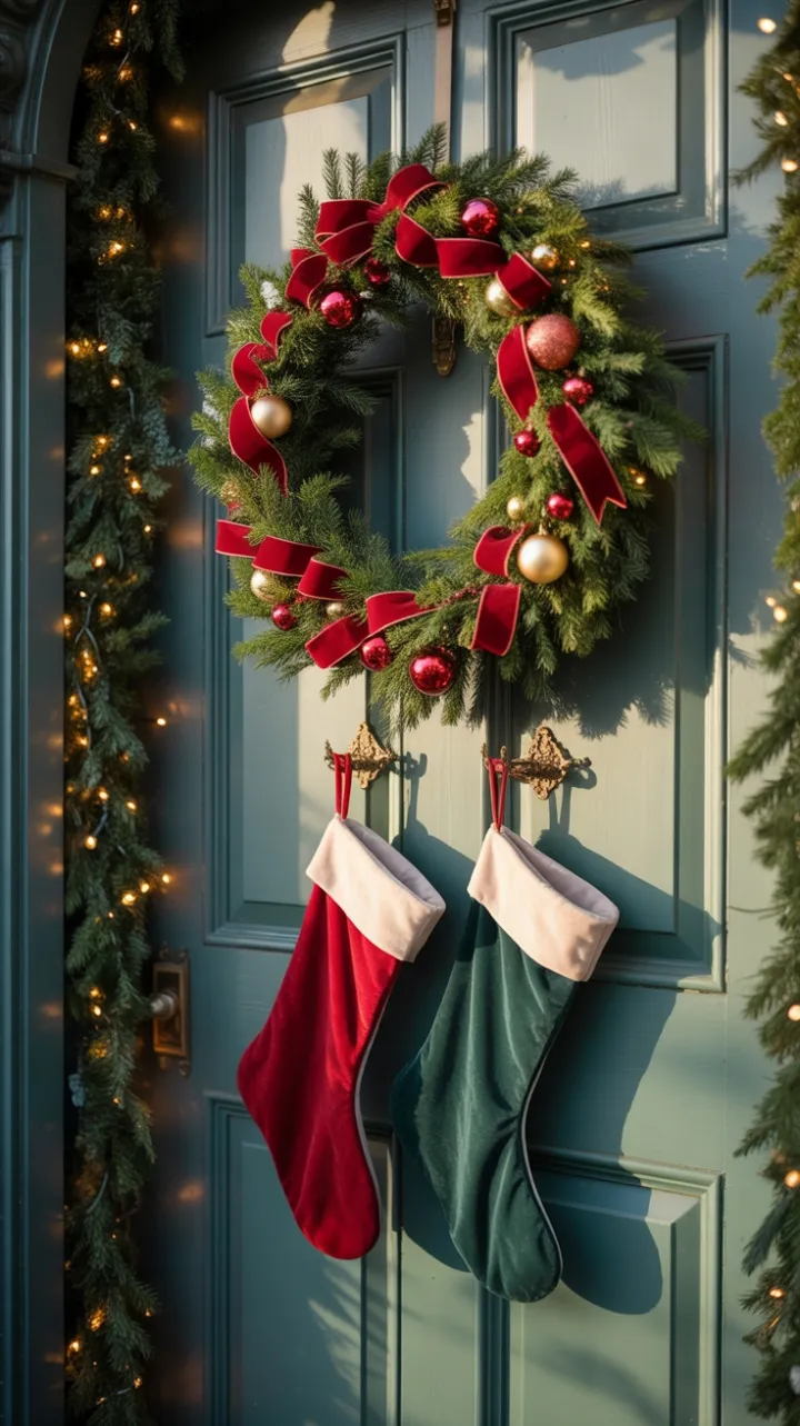 Victorian Doorway Dressed in Velvet, Evergreens and Warm Light