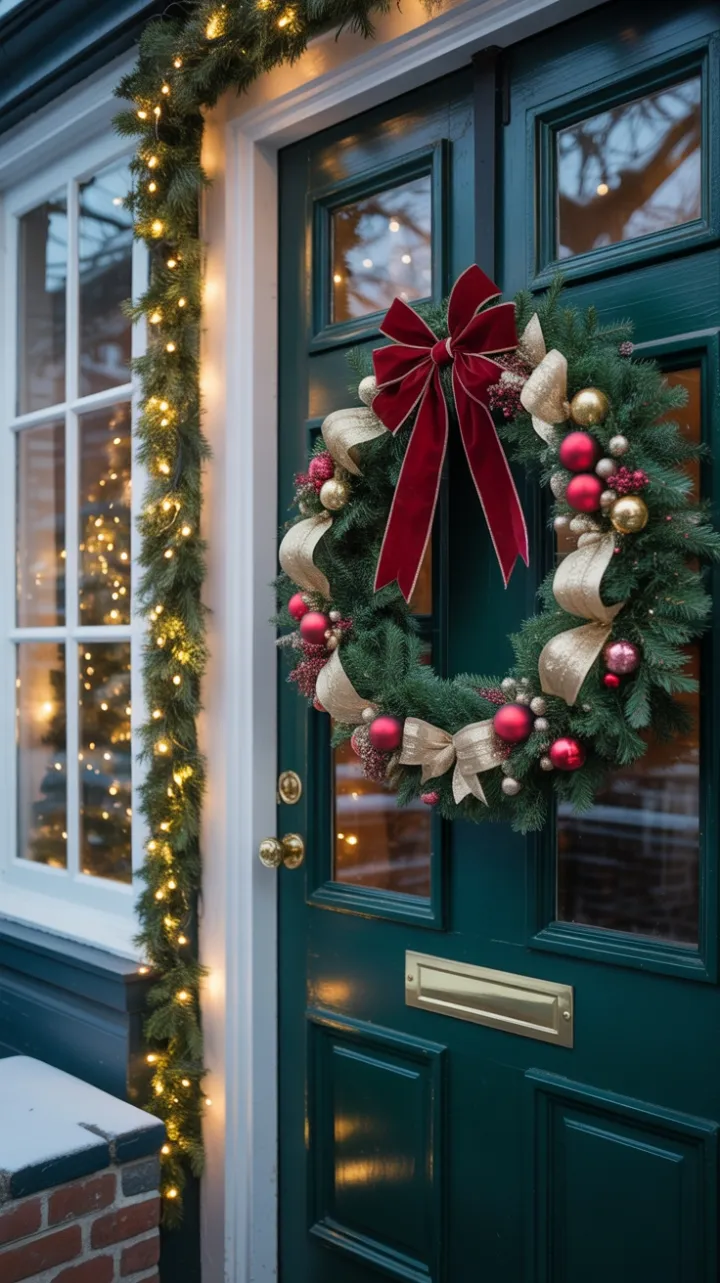 Velvet Bow and Golden Lights on a Victorian Christmas Door