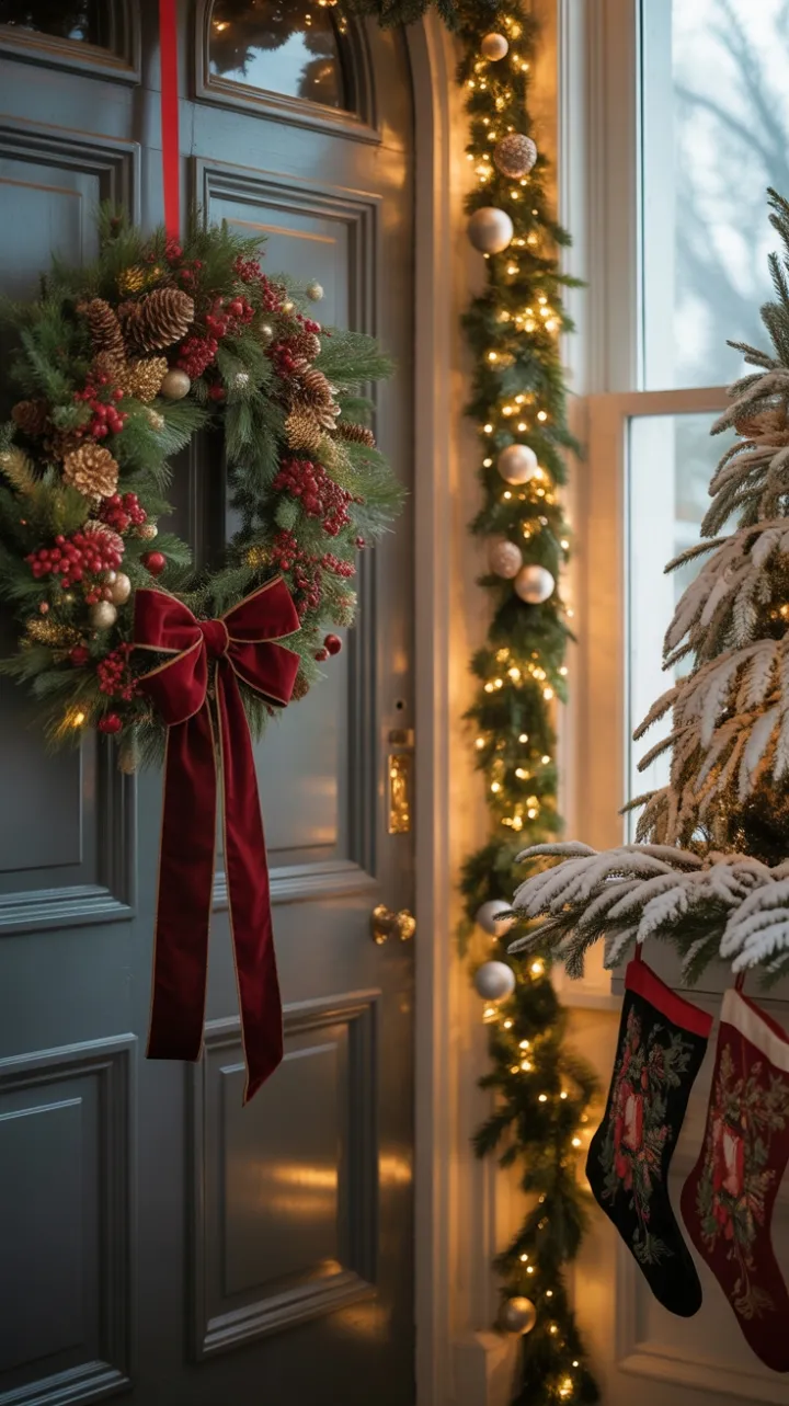 Victorian Holiday Welcome with Crimson Wreath and Golden Glow