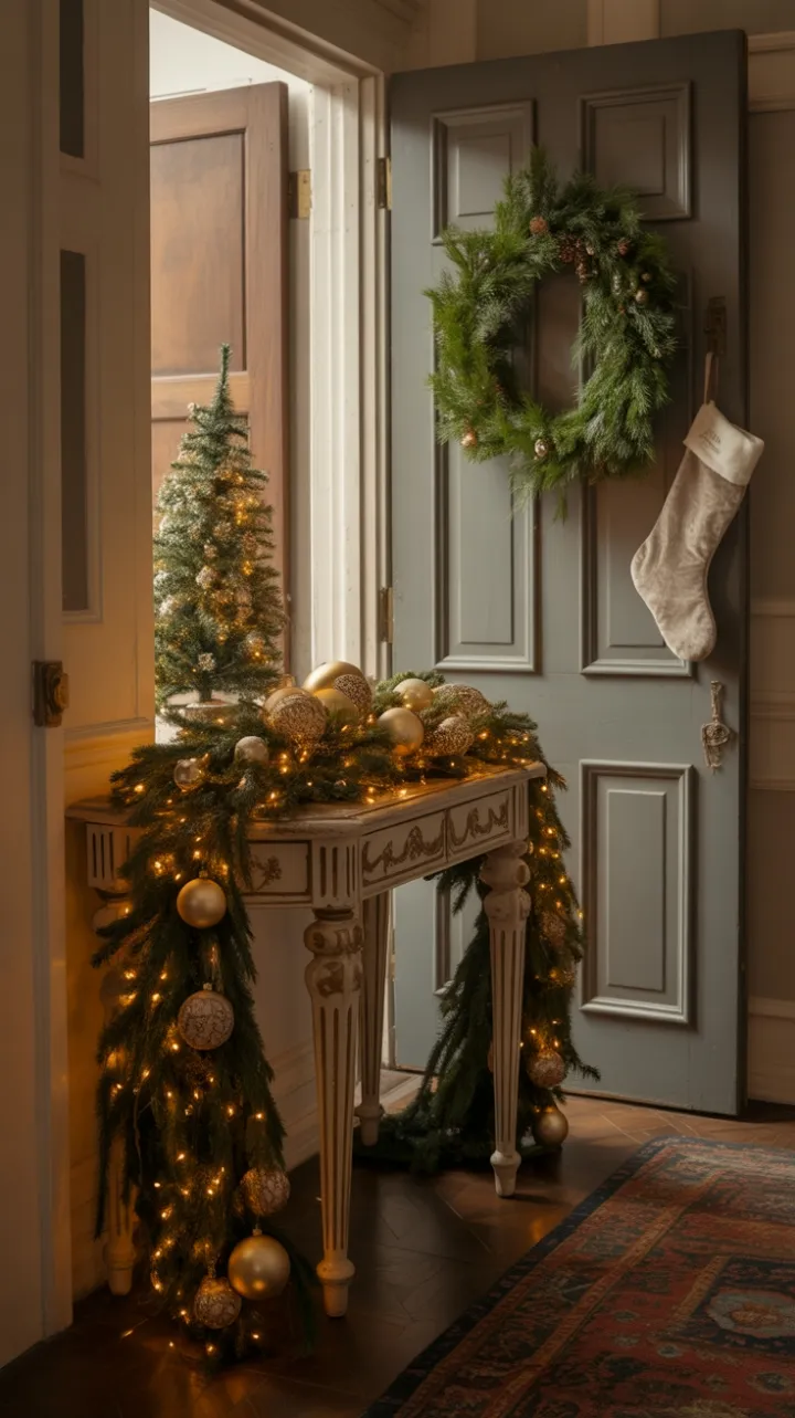Victorian Holiday Welcome in Pine Gold and Warm Light