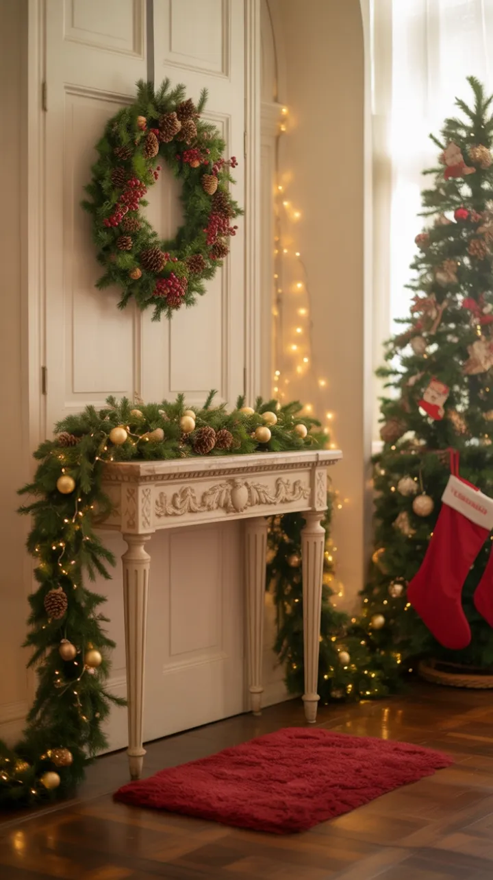 Victorian Holiday Welcome with Garlanded Console and Crimson Wreath