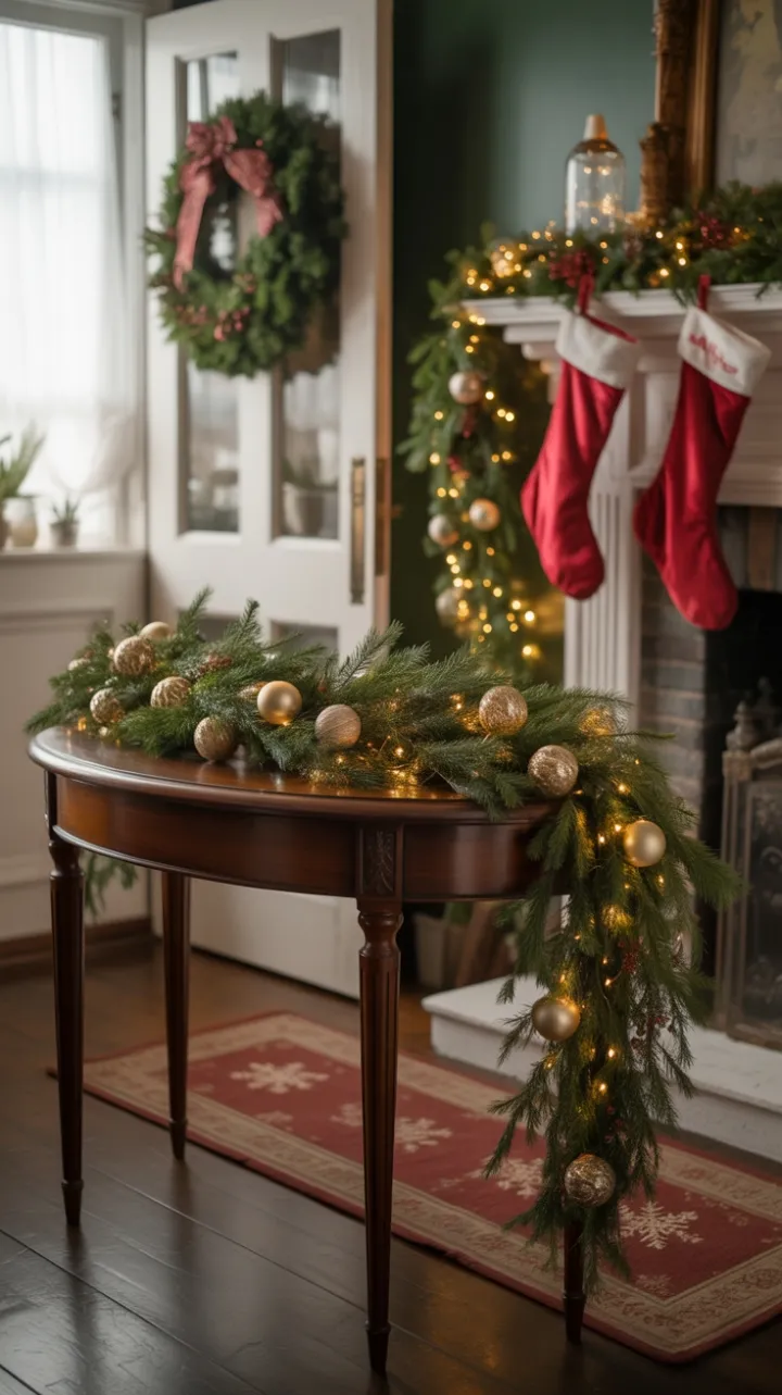 Warm Victorian Welcome of Pine Garlands, Gold Ornaments, and Velvet Stockings