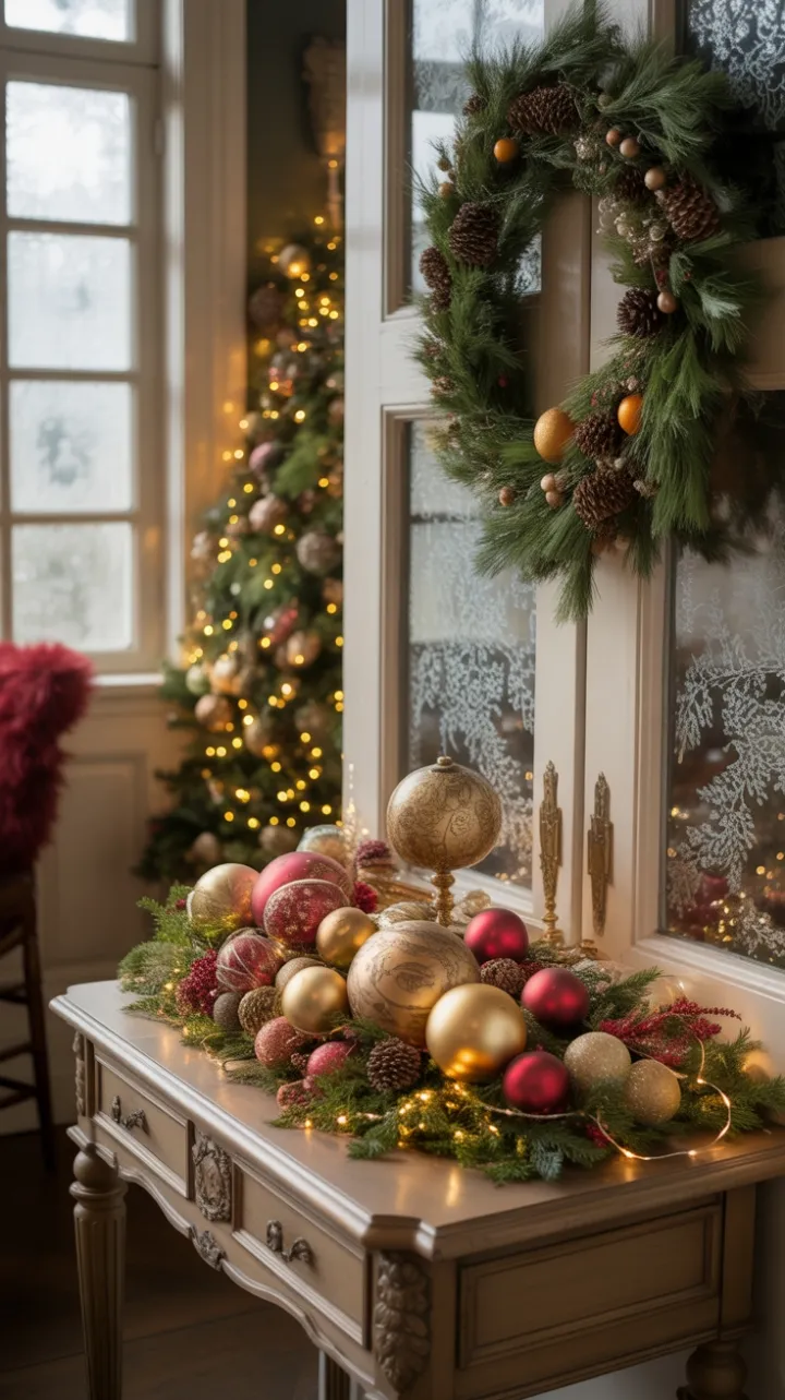 Victorian Entryway Dressed in Antique Golds, Evergreens, and Warm Fairy Light
