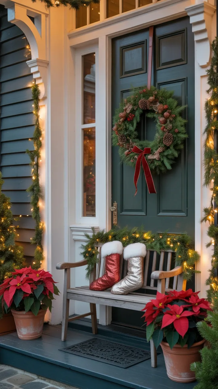 Victorian Christmas Welcome with Wreaths, Poinsettias and Twinkling Lights